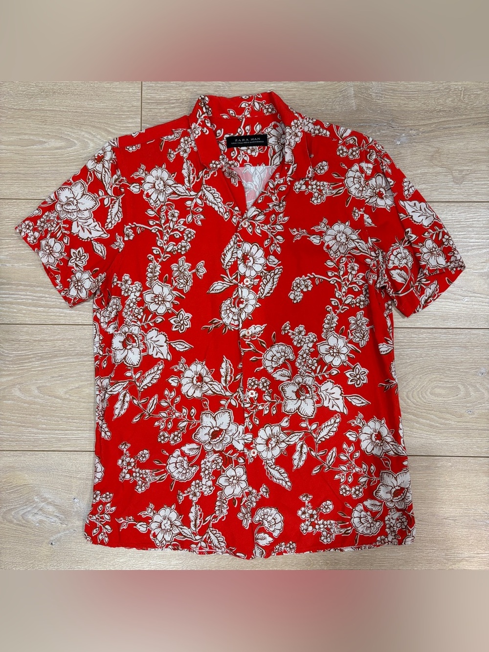 Zara Man Red Floral Hawaiian Short Sleeve Button Up Shirt Size M